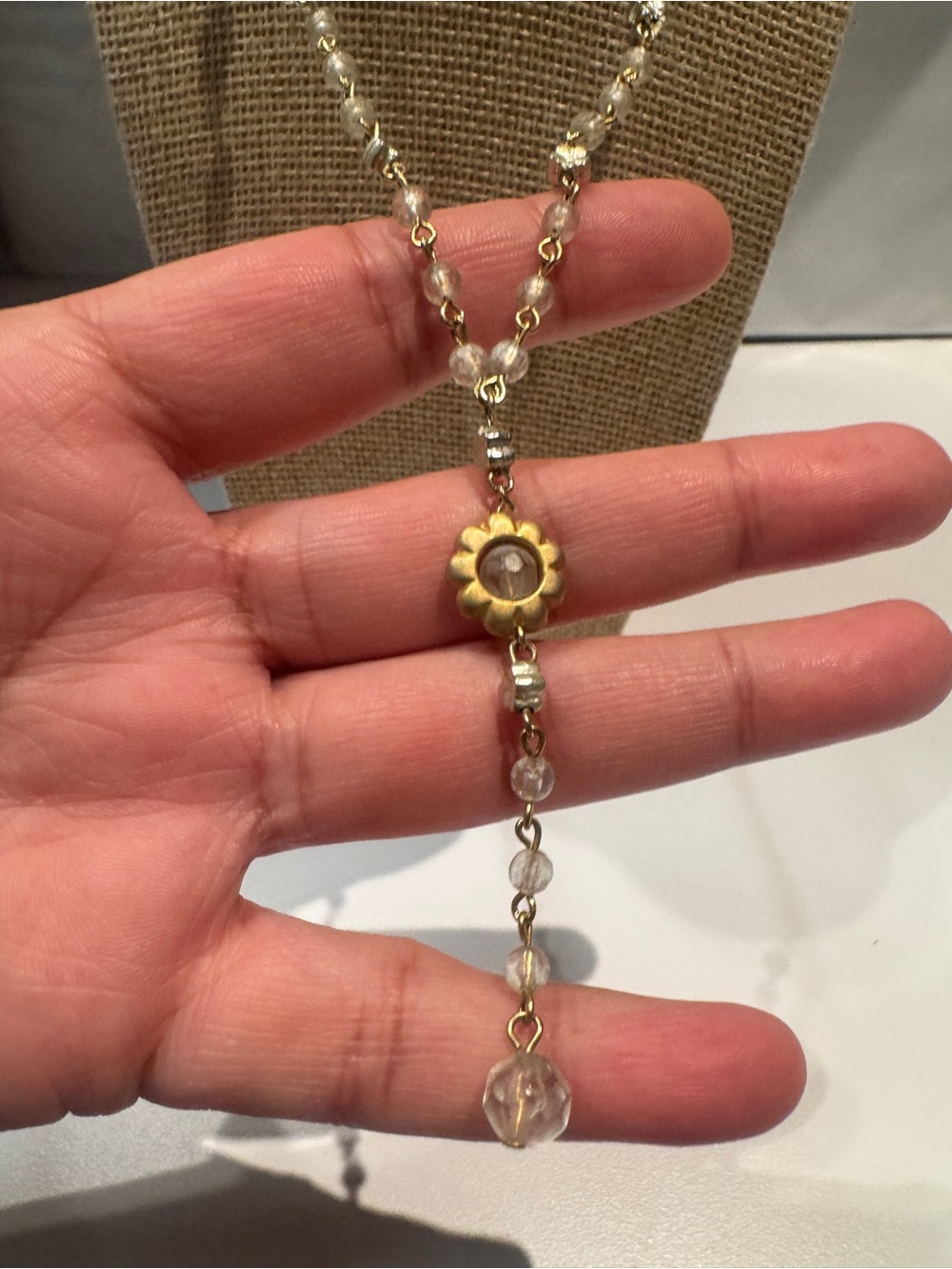 Delicate Gold-Tone Crystal Long Necklace with Floral Locket